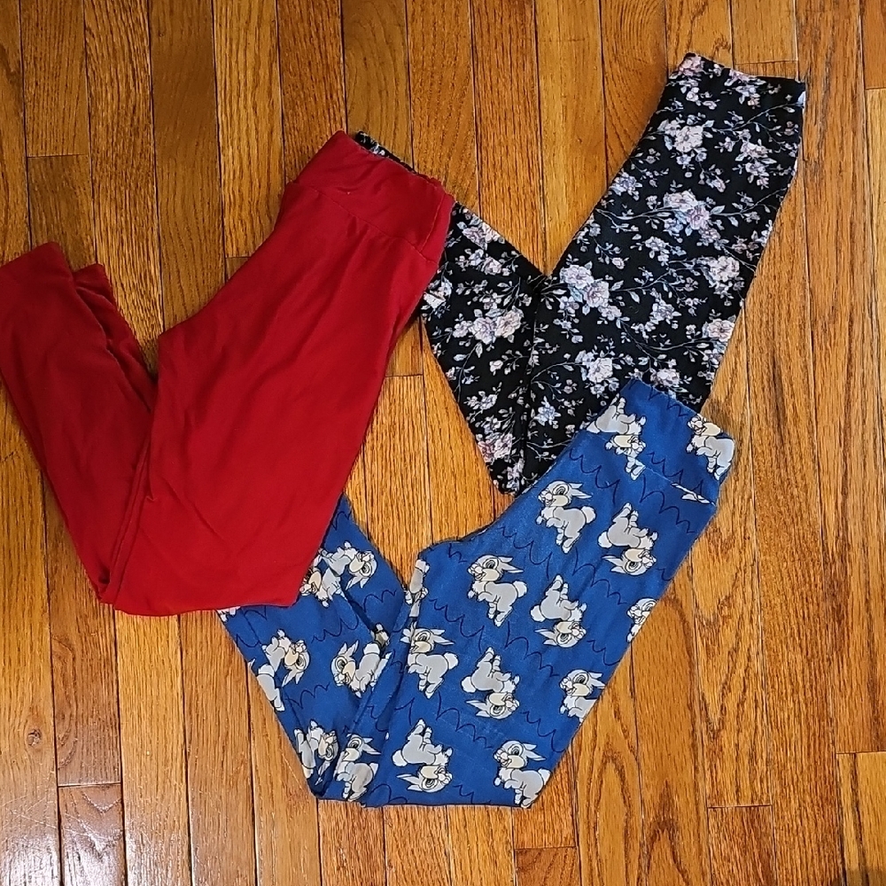 3 Pairs LulaRoe Girl's Tween Leggings Disney, Floral, Red, Floral Women's Sz 0-2